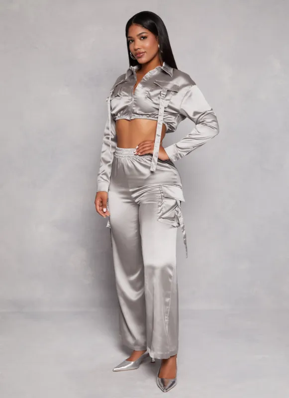 Satin Wide Leg Cargo Pocket Pants sold by Rainbow