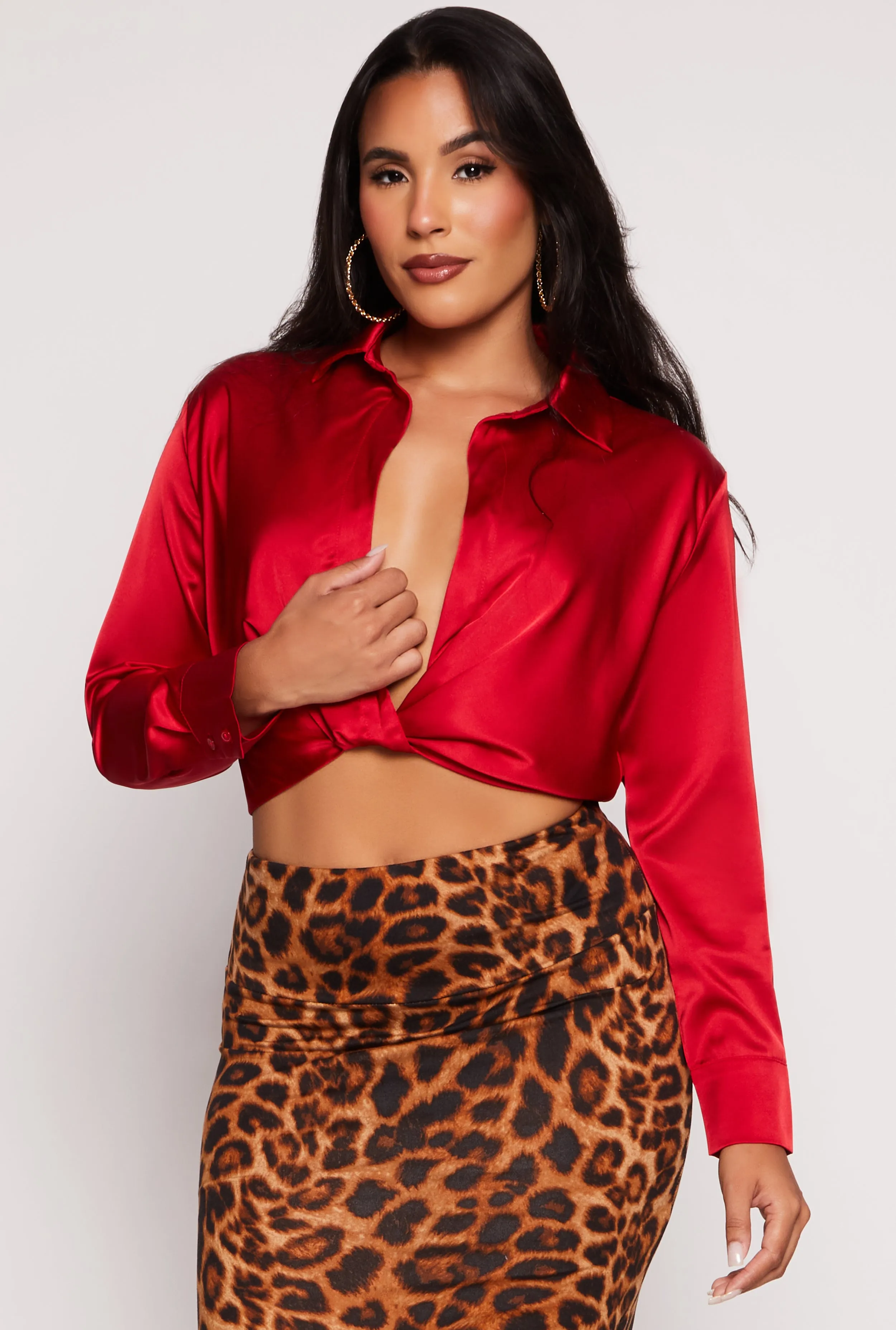 Satin Twist Front Long Sleeve Blouse sold by Rainbow