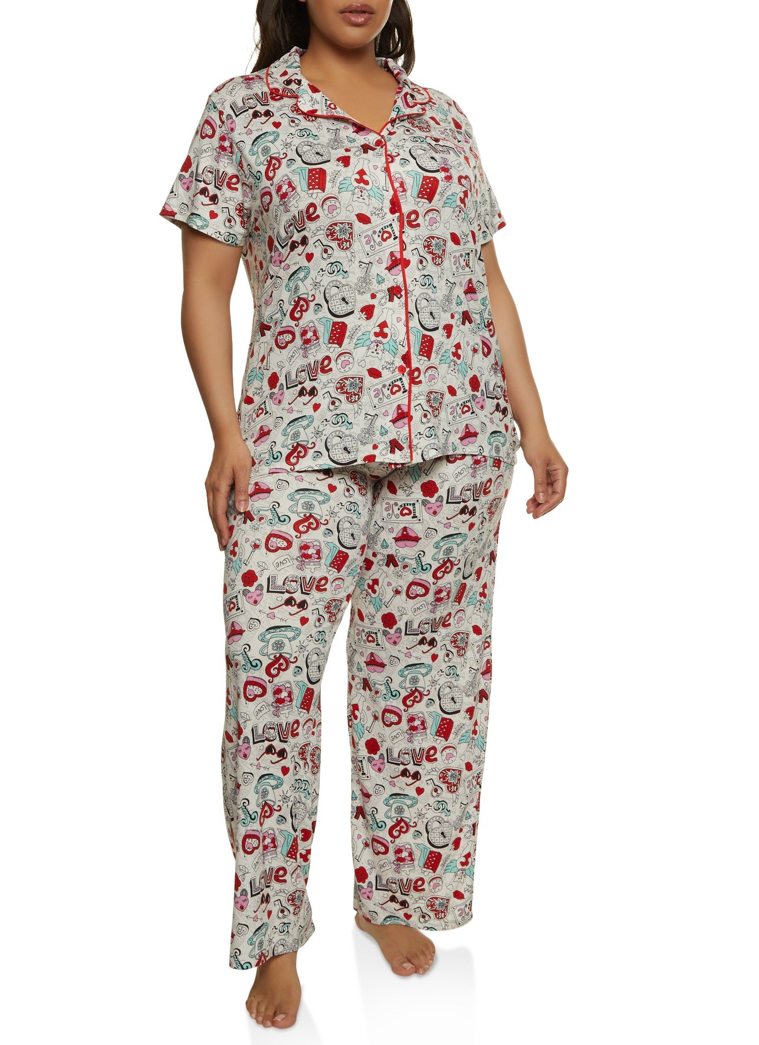 Plus Size Graphic Print Notch Collar Pajama Shirt and Pants sold by Rainbow