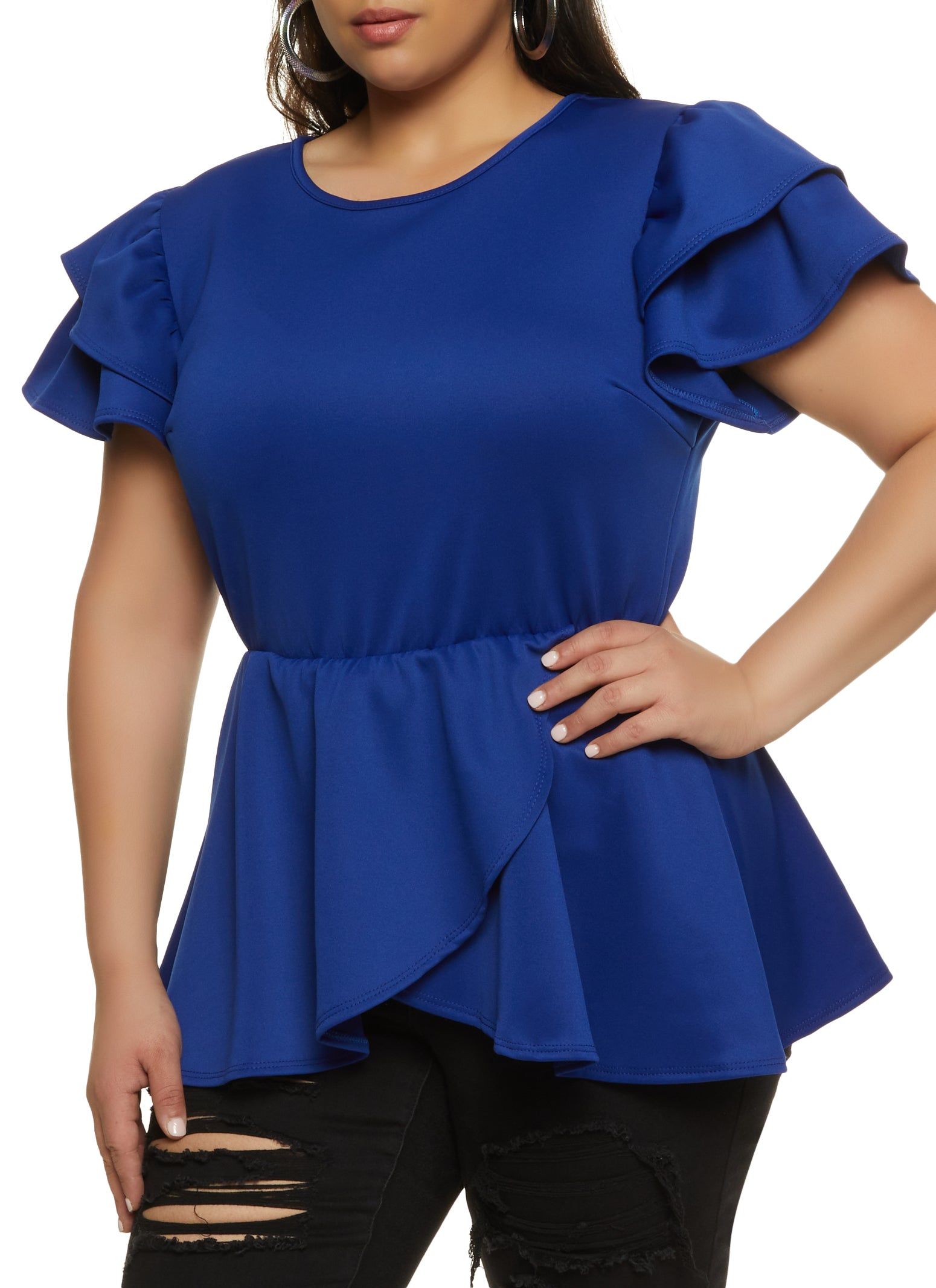 Plus Size Tiered Sleeve Ruffled Peplum Top sold by Rainbow