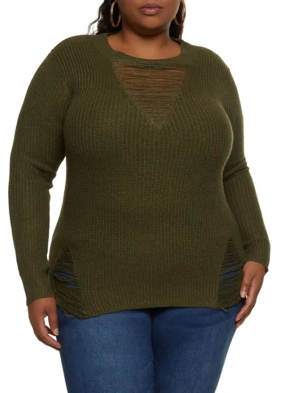Plus Size Distressed Detail Pullover Sweater sold by Rainbow