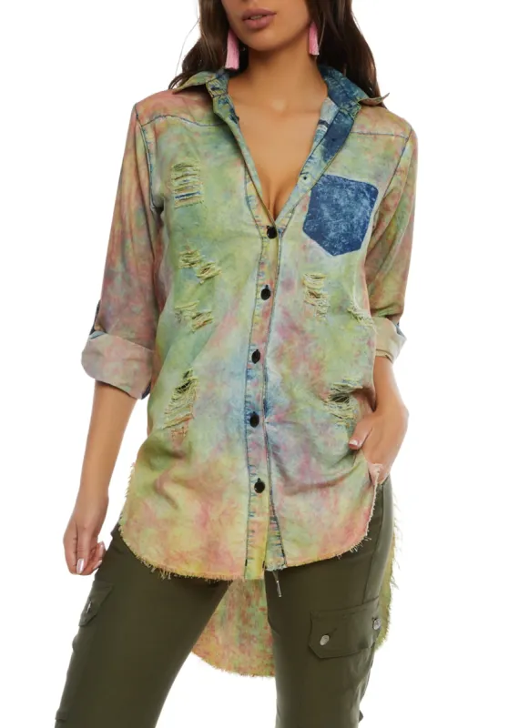 Acid Wash Tie Dye Distressed High Low Shirt sold by Rainbow