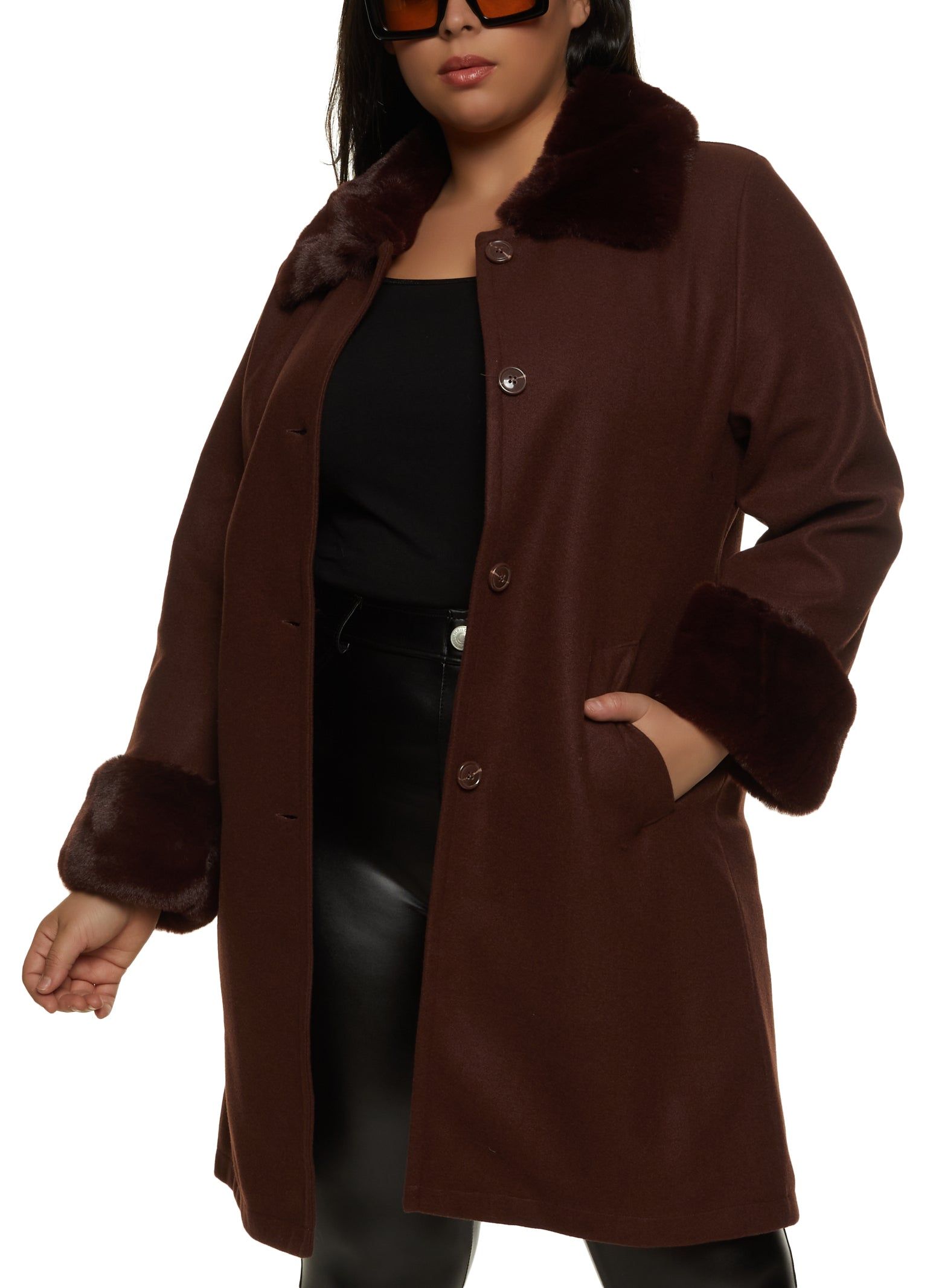 Plus Size Faux Fur Trim Trench Coat sold by Rainbow
