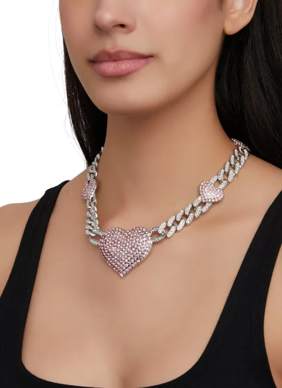Pave Cubic Zirconia Heart Curb Chain Necklace sold by Rainbow