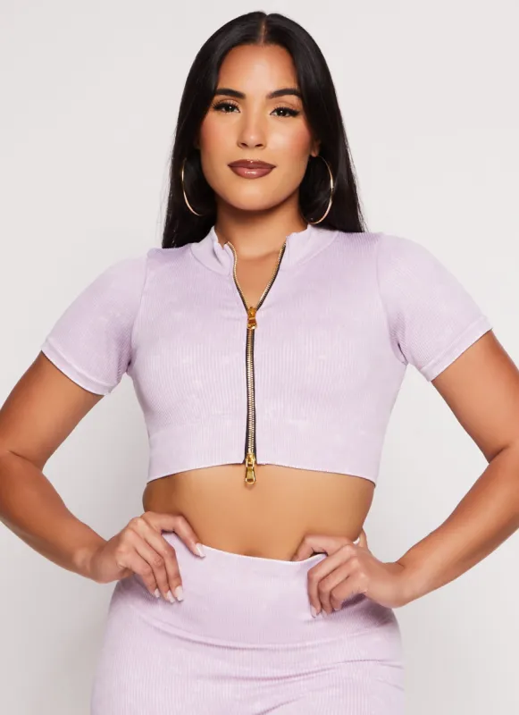Daisy Seamless Ribbed Zip Front Short Sleeve Crop Top sold by Rainbow