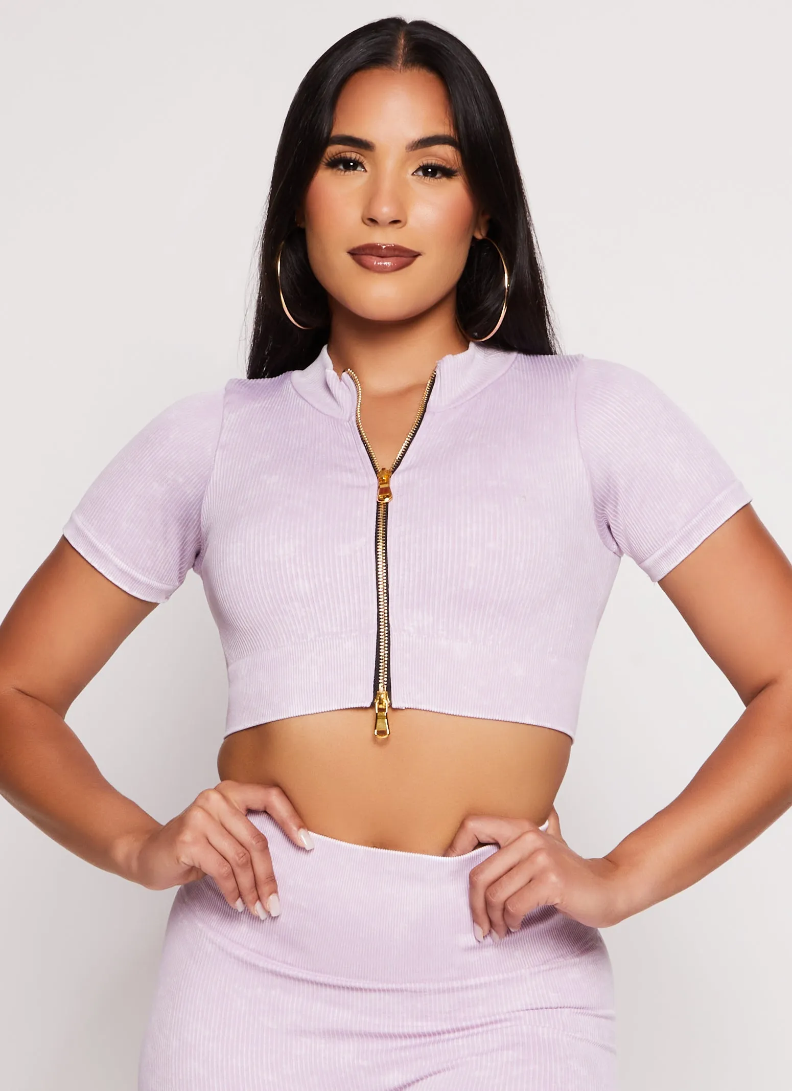 Daisy Seamless Ribbed Zip Front Short Sleeve Crop Top sold by Rainbow