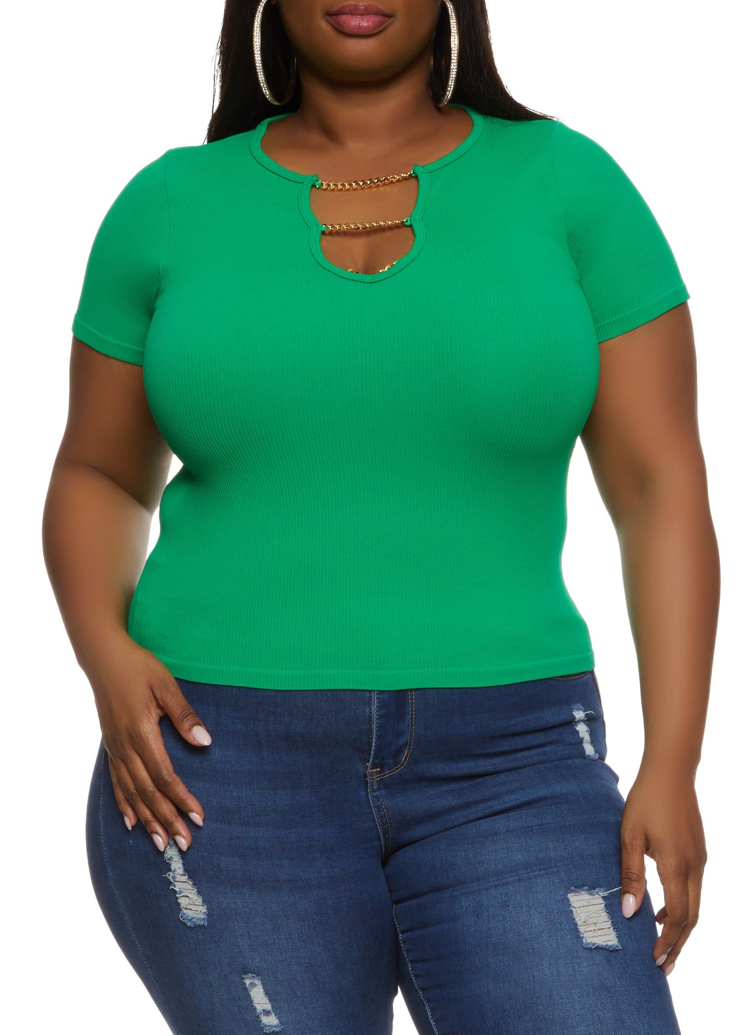 Plus Size Ribbed Chain Caged V Neck Tee sold by Rainbow