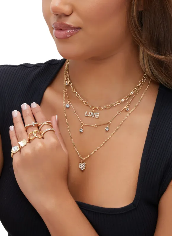 Love Heart Charm Layered Necklace with Rings Set sold by Rainbow