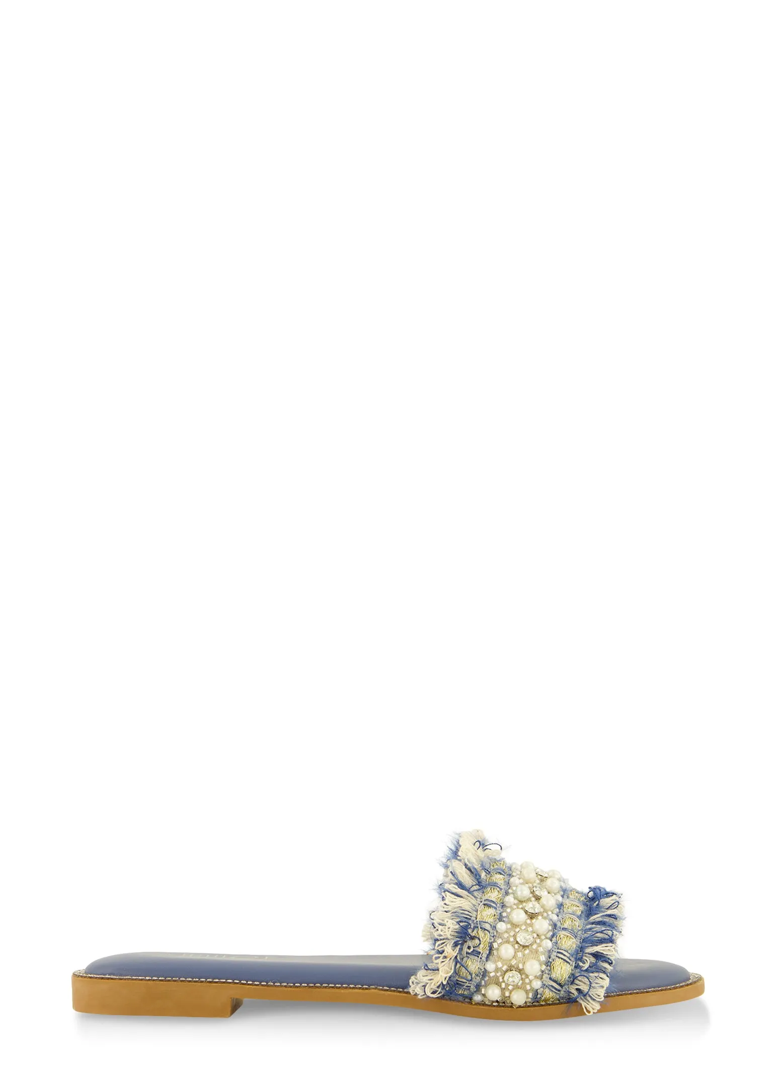 Rhinestone Trim Frayed Faux Pearl Band Slide Sandals sold by Rainbow product image thumbnail 2
