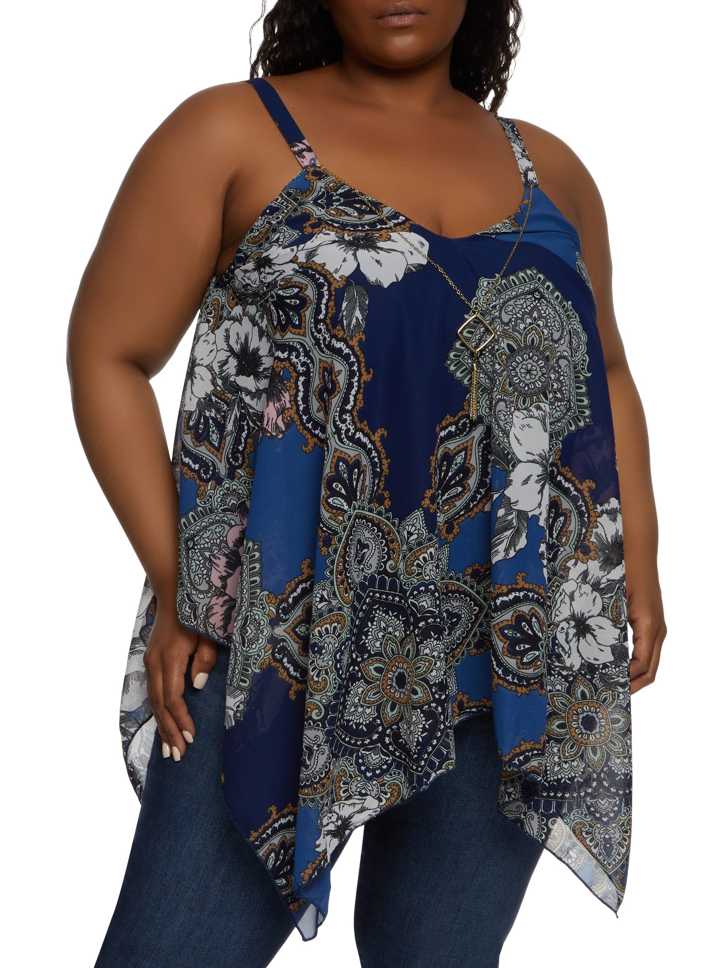 Plus Size Sleeveless Floral Paisley Print Top with Necklace sold by Rainbow
