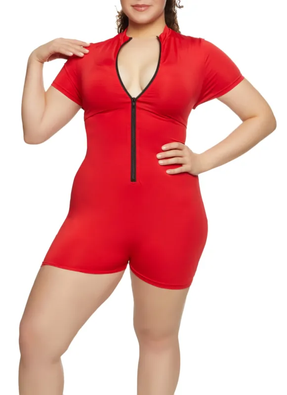 Plus Size Zip Front Short Sleeve Romper sold by Rainbow