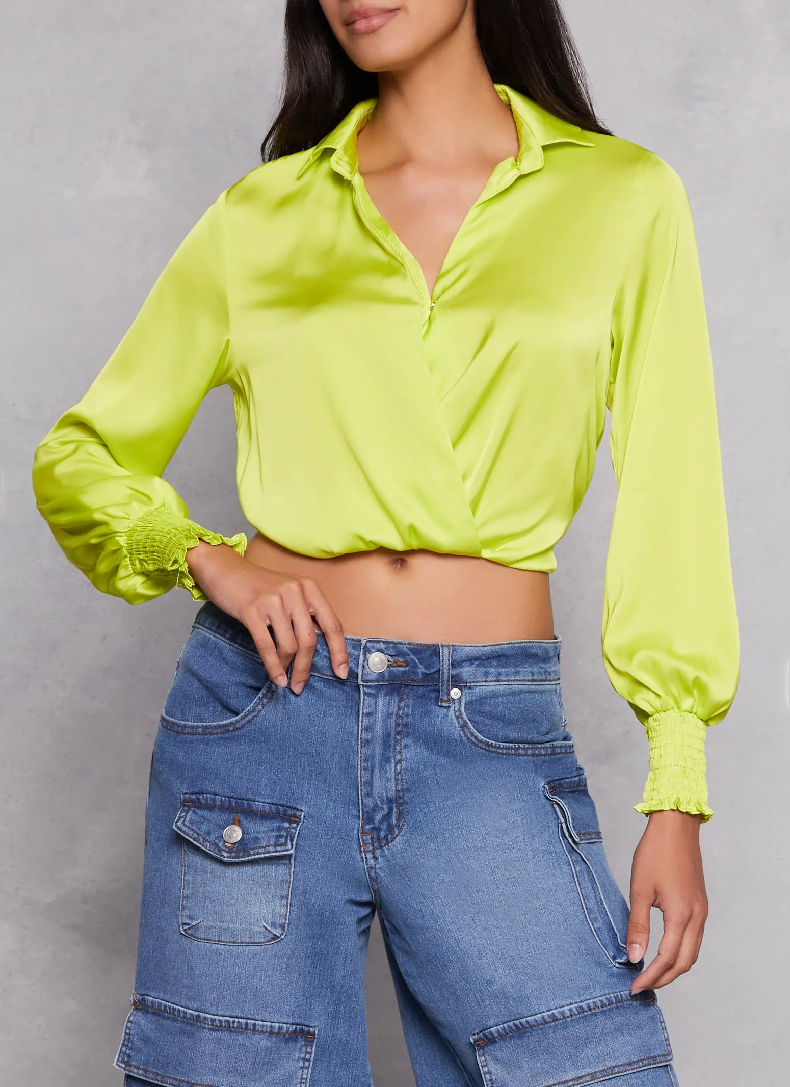 Satin Puff Sleeve Faux Wrap Shirt sold by Rainbow