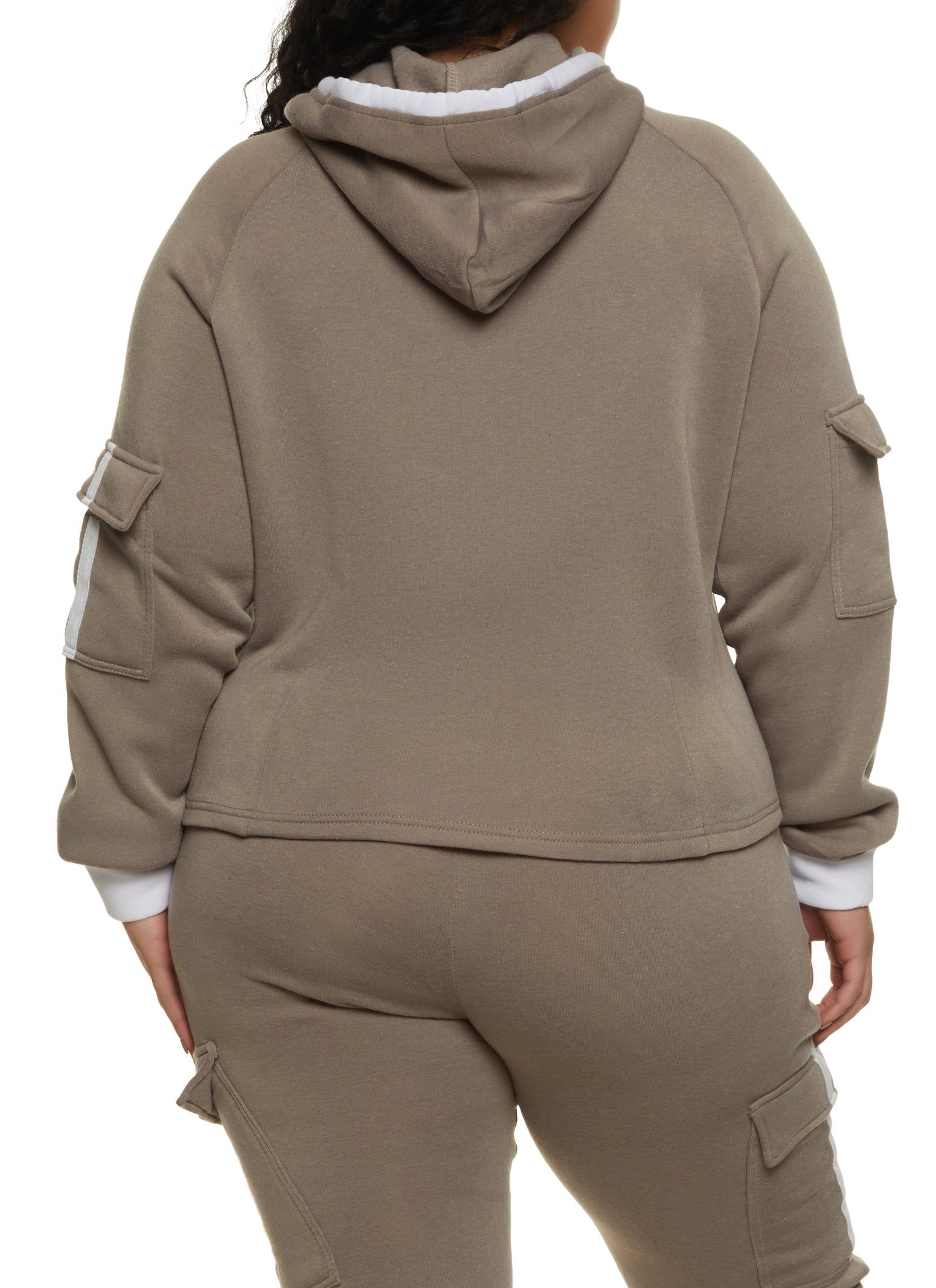 Plus Size Contrast Trim Cargo Pocket Sleeve Zip Front Hoodie sold by Rainbow product image thumbnail 3