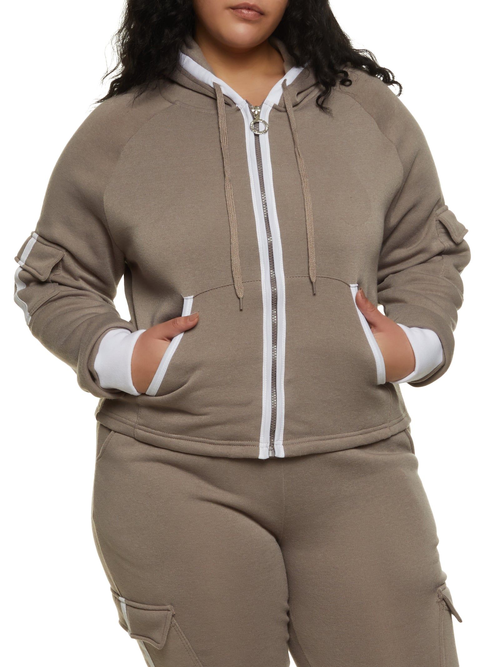 Plus Size Contrast Trim Cargo Pocket Sleeve Zip Front Hoodie sold by Rainbow