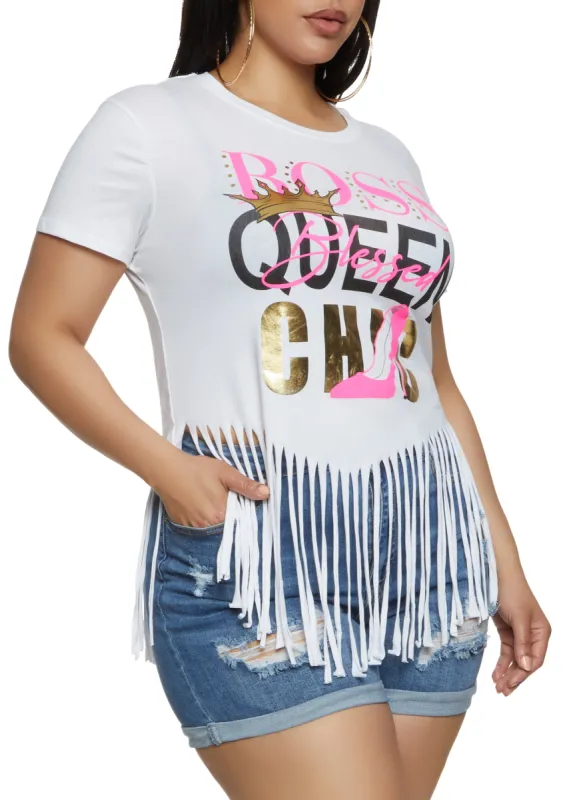 Plus Size Fringe Boss Queen Chic Foil Graphic Tee sold by Rainbow