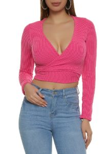 Long Sleeve Ribbed Knit Wrap Crop Top sold by Rainbow