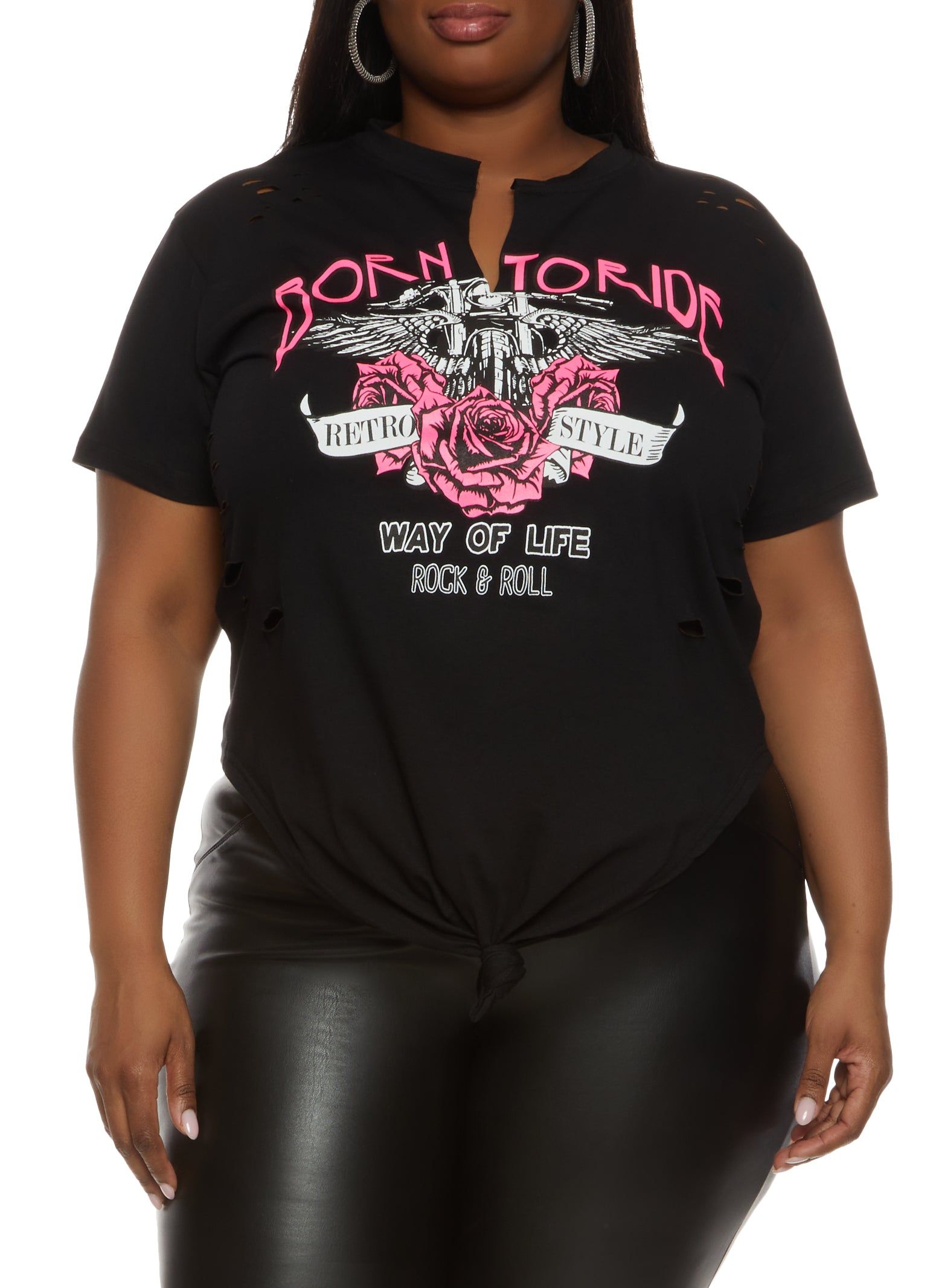Plus Size Born To Ride Knot Front Graphic Tee sold by Rainbow