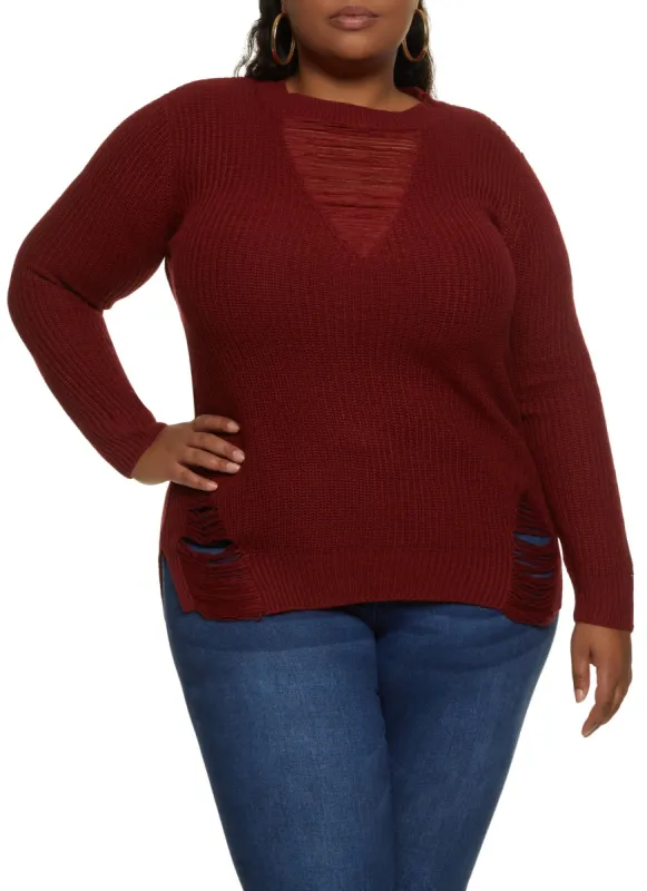 Plus Size Distressed Detail Pullover Sweater sold by Rainbow