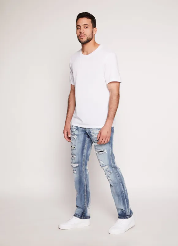 Mens Acid Wash Patch and Repair Skinny Leg Jeans made by Rainbow