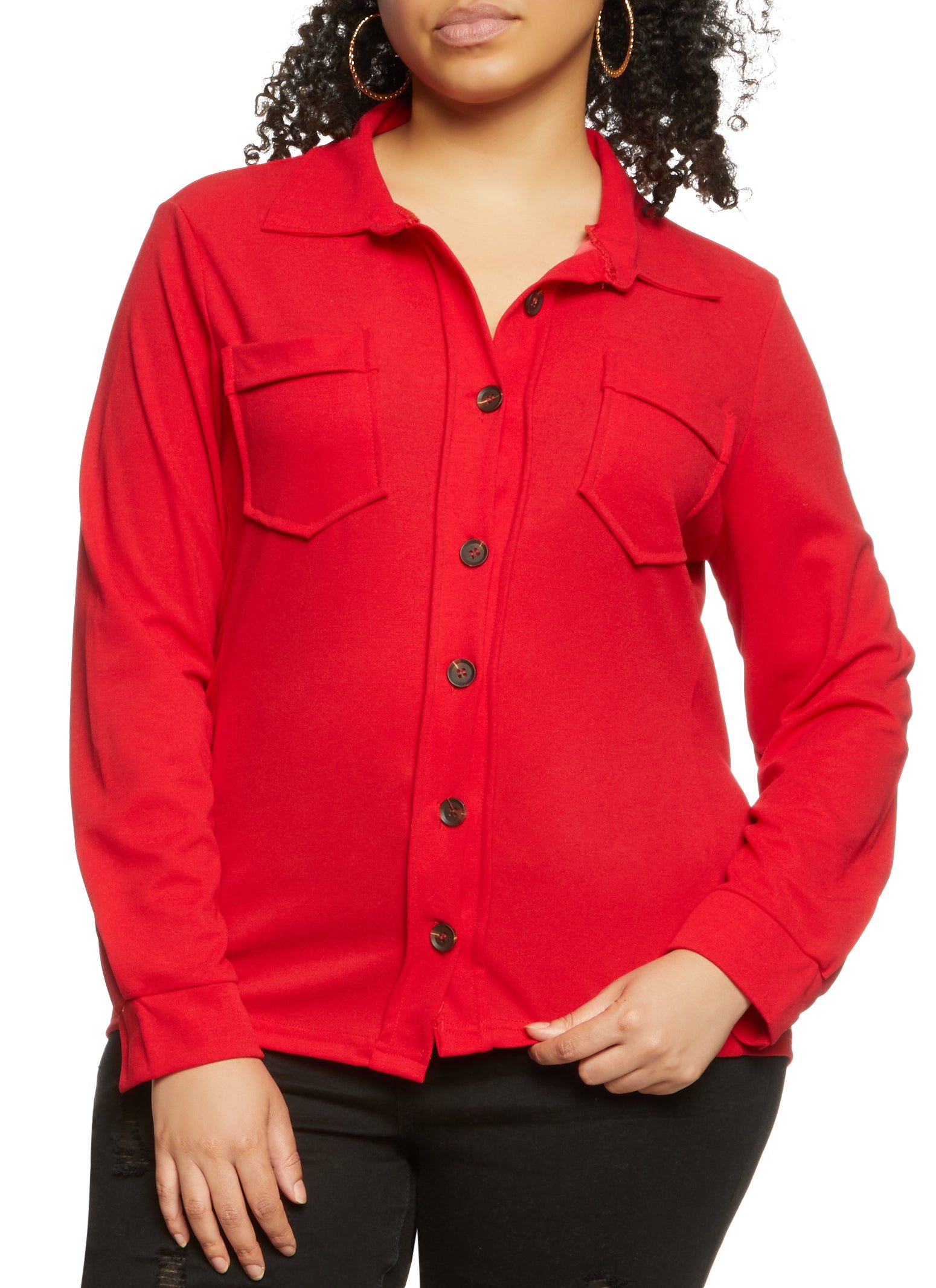 Plus Size Solid Crepe Knit Button Down Shirt sold by Rainbow
