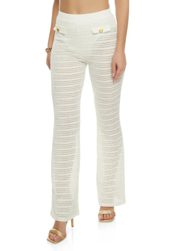 Textured Knit Faux Button Detail Flare Pants sold by Rainbow