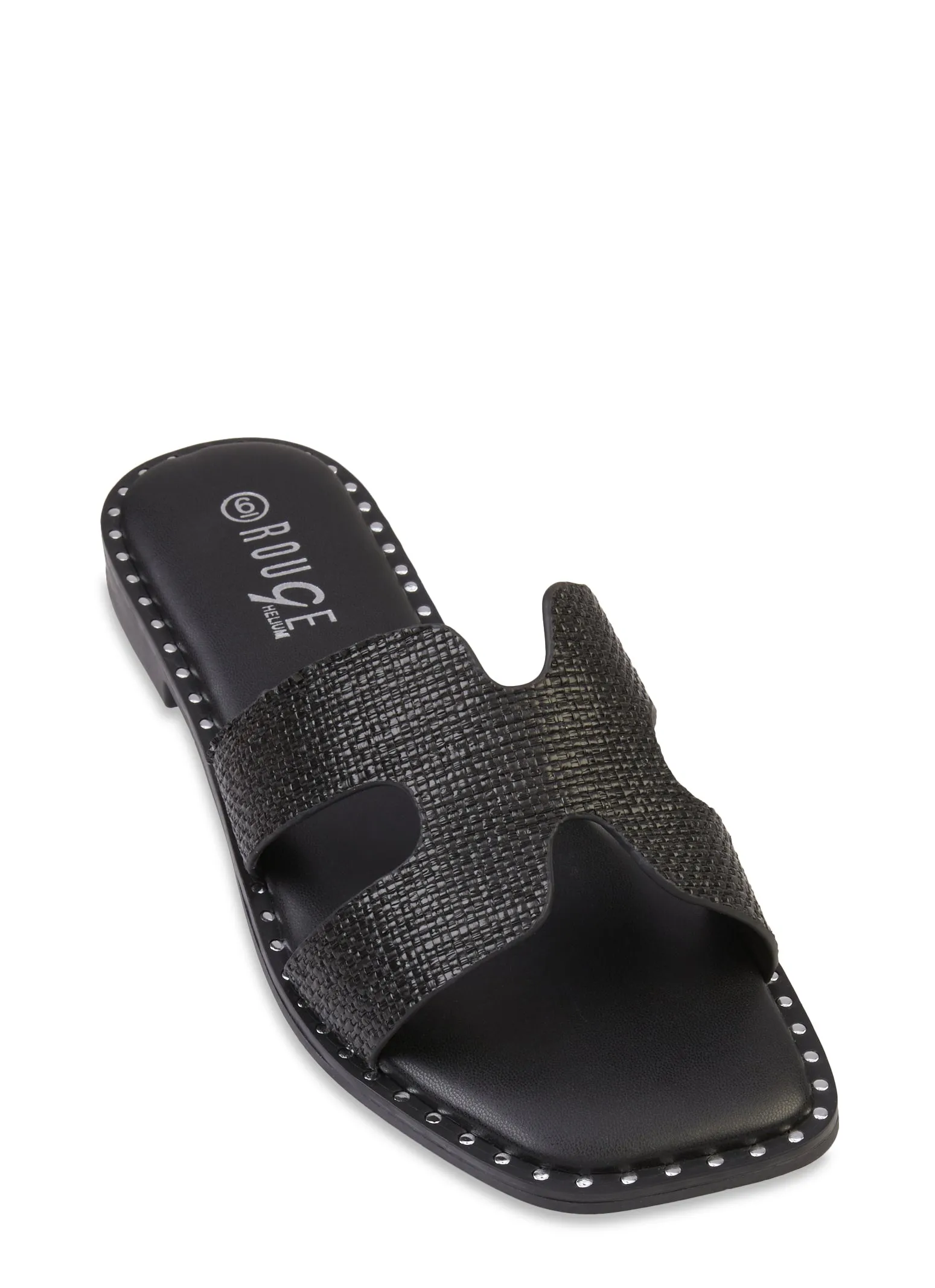 Studded Trim Straw Cut Out Band Slide Sandals sold by Rainbow