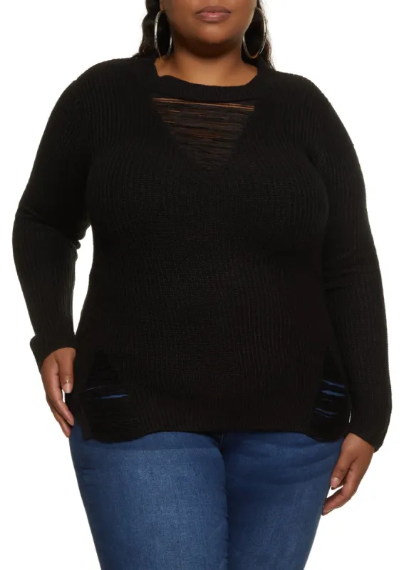 Plus Size Distressed Detail Pullover Sweater sold by Rainbow