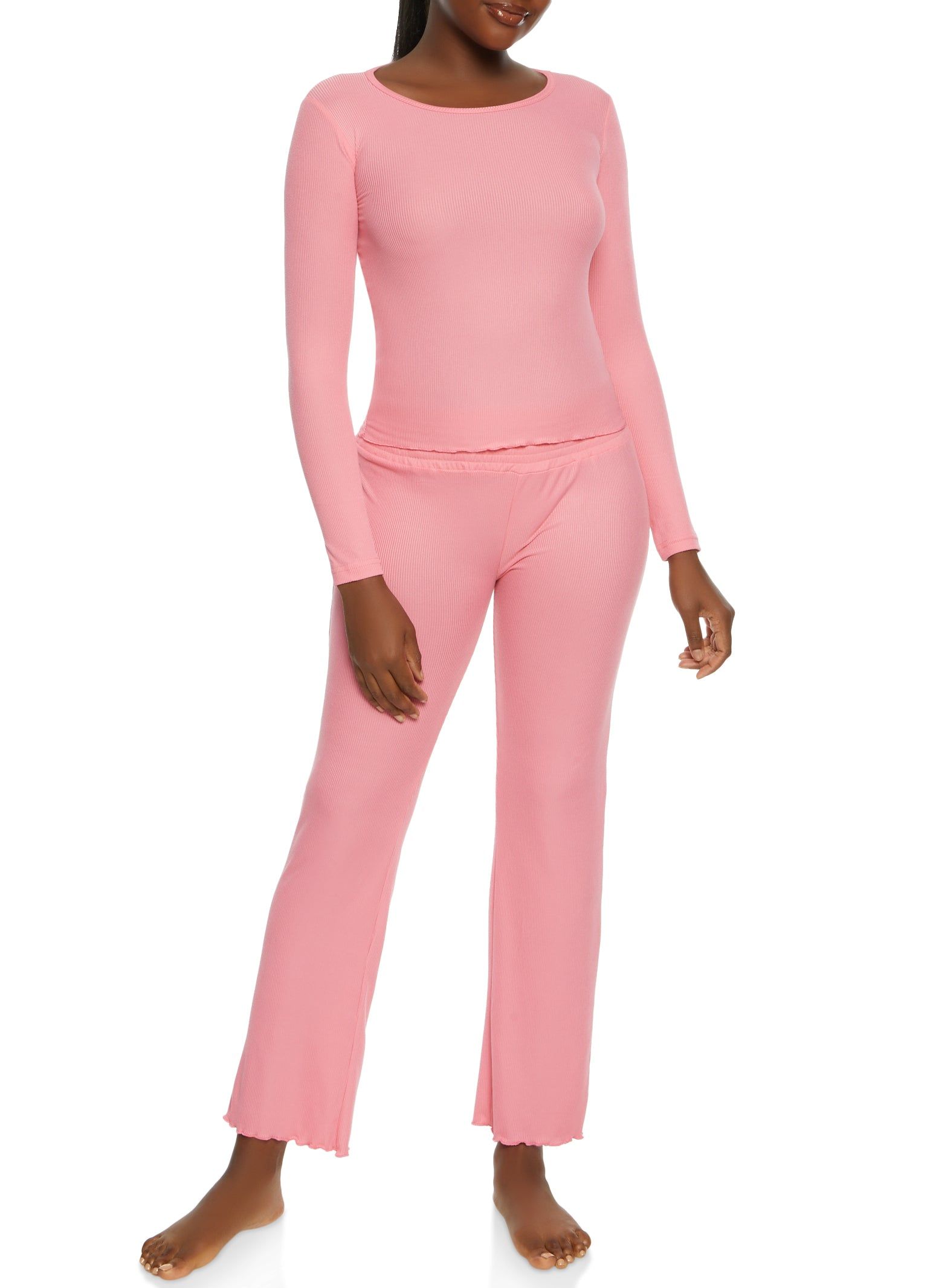 Solid Ribbed Knit Lettuce Edge Pajama Top and Pants sold by Rainbow