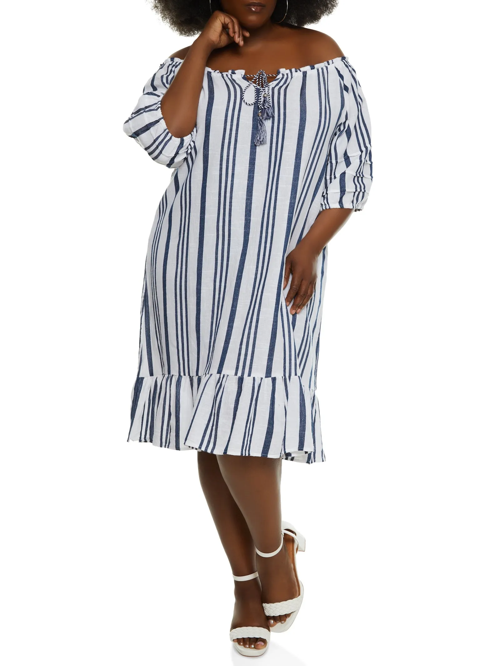 Plus Size Striped Tie Front Off the Shoulder Dress sold by Rainbow product image thumbnail 2