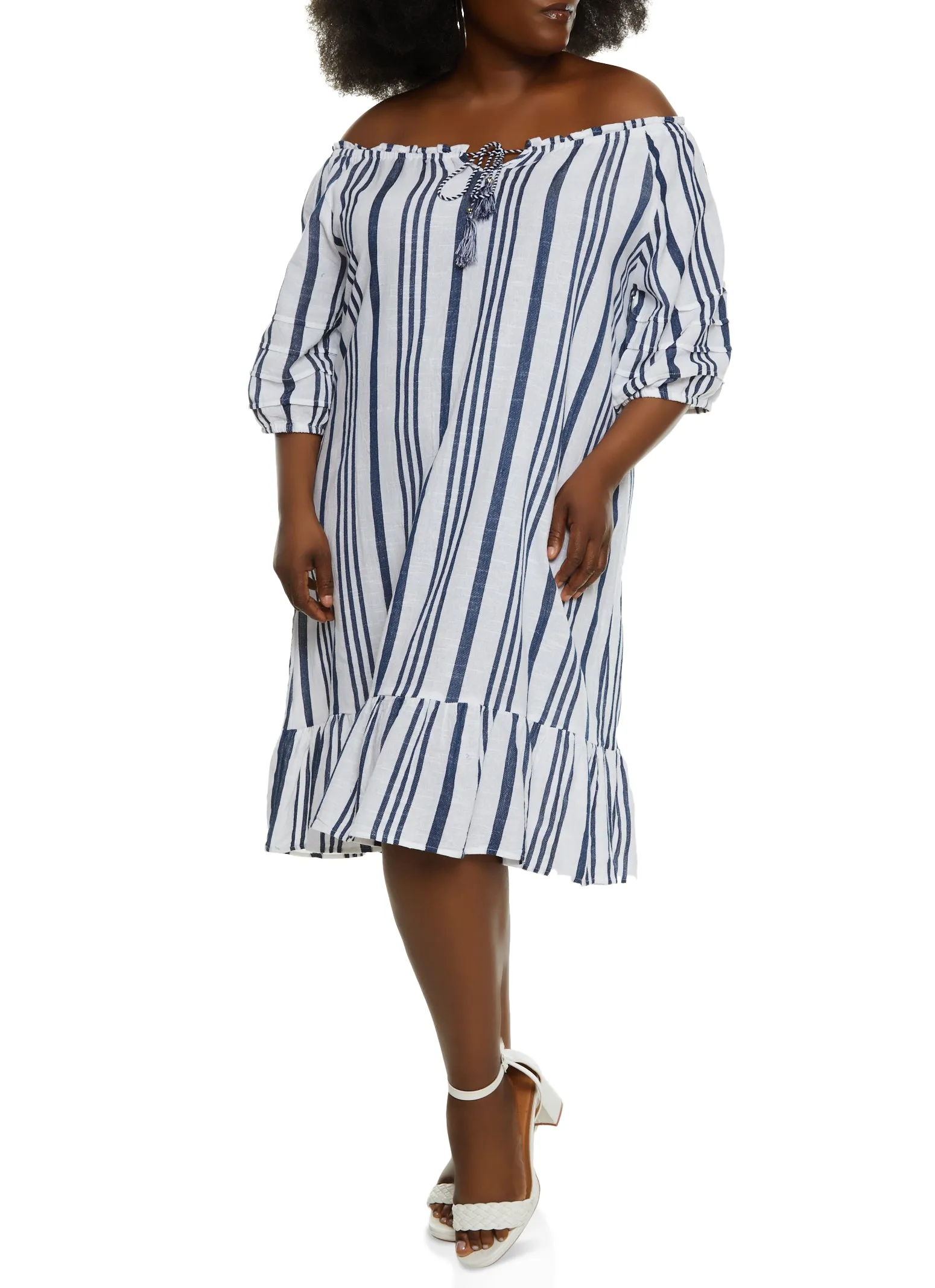 Plus Size Striped Tie Front Off the Shoulder Dress sold by Rainbow