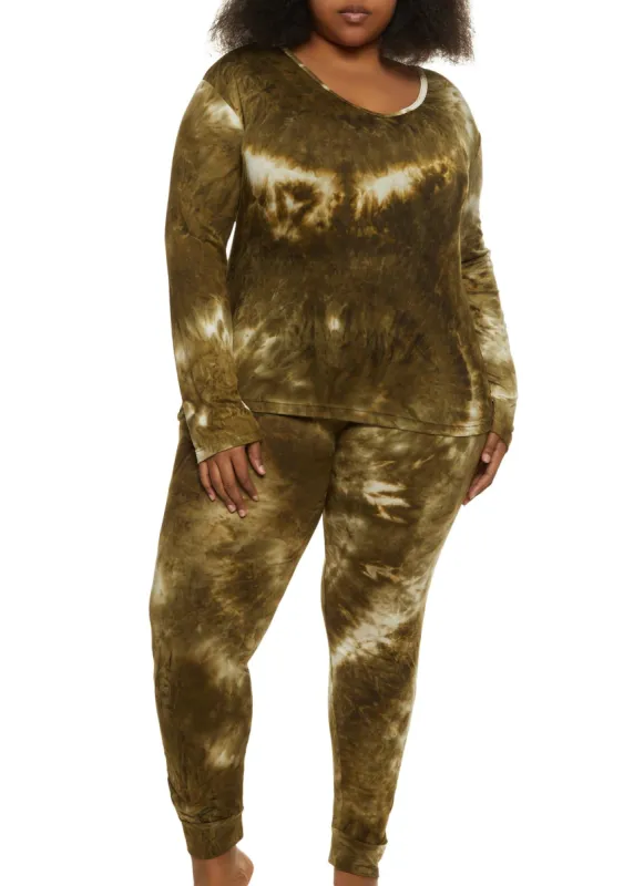 Plus Size Tie Dye V Neck Pajama Top and Pants sold by Rainbow