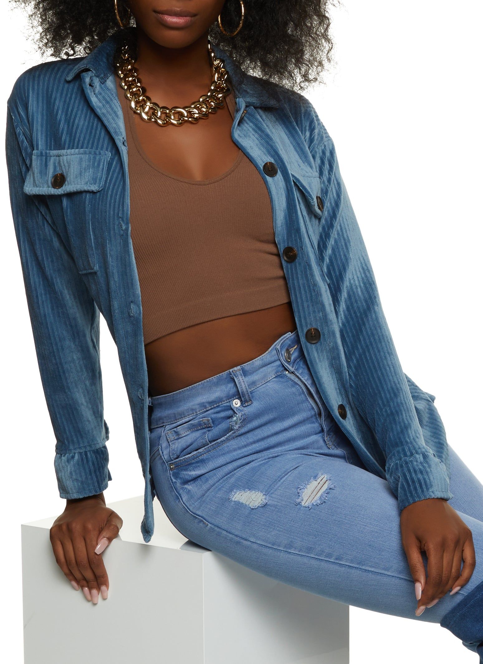 Ribbed Knit Velour Button Front Shirt sold by Rainbow