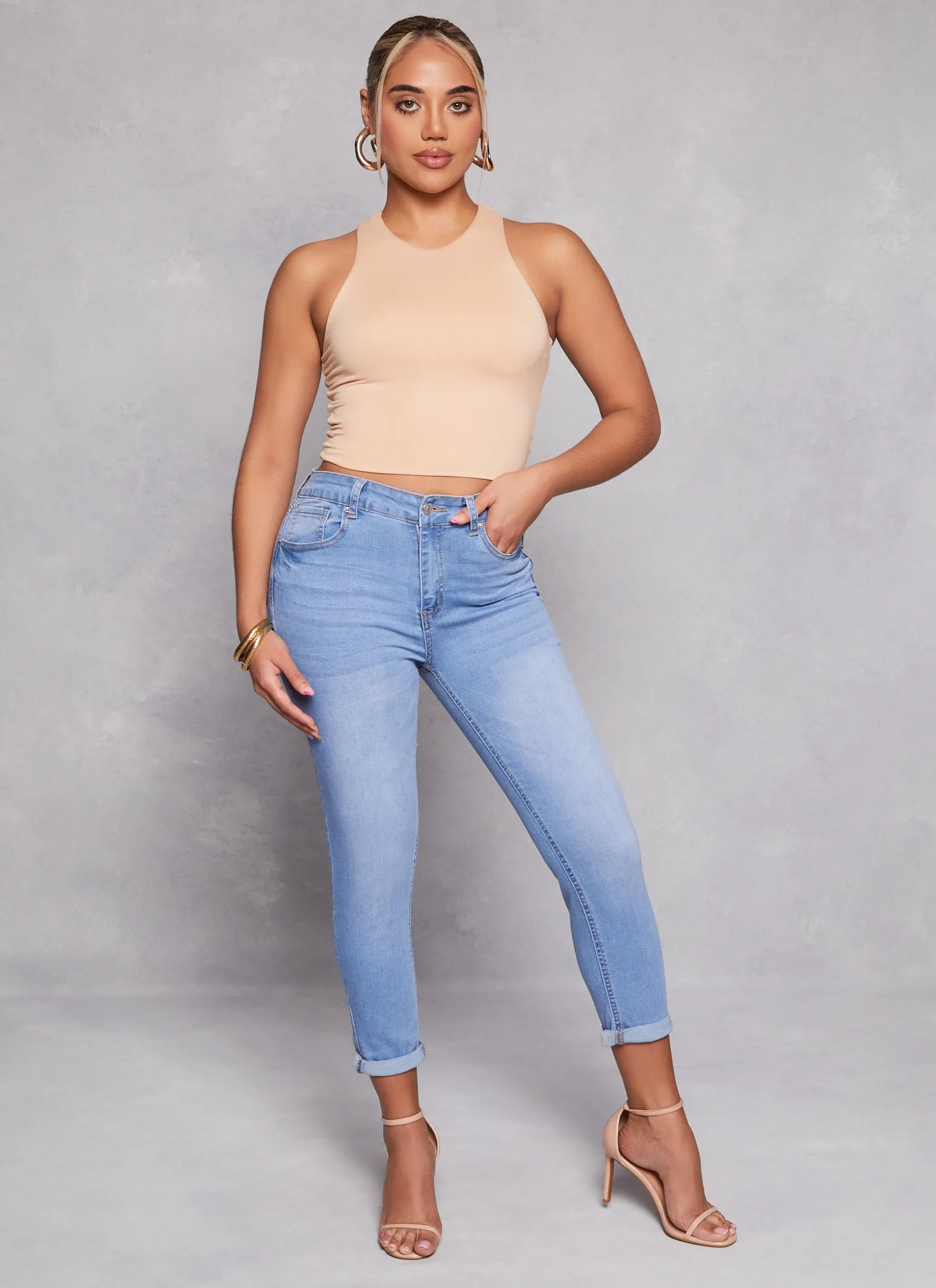 WAX High Waist Rolled Cuff Denim Jeans sold by Rainbow