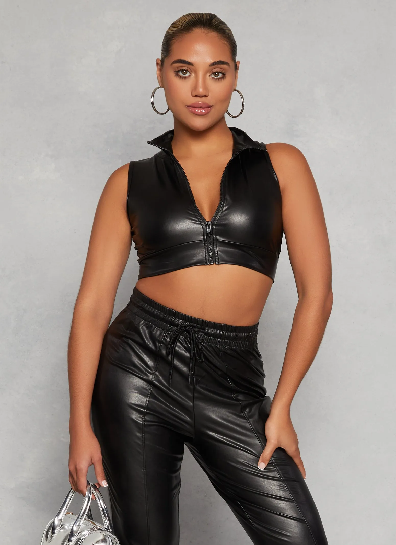 Faux Leather Zip Front Crop Top sold by Rainbow