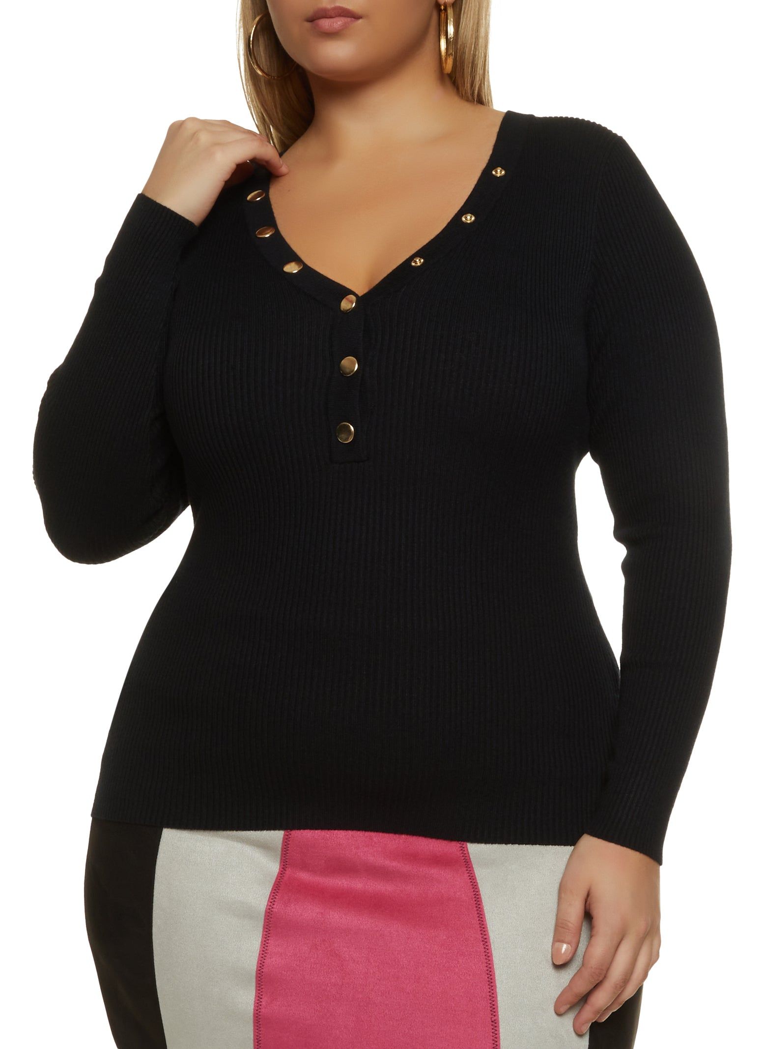 Plus Size Snap Button Ribbed Knit Sweater sold by Rainbow