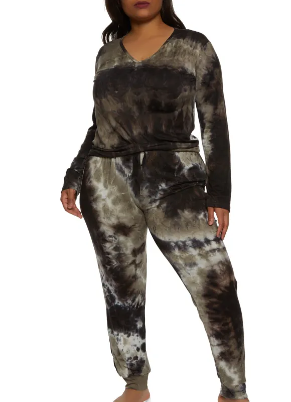 Plus Size Tie Dye V Neck Pajama Top and Pants sold by Rainbow