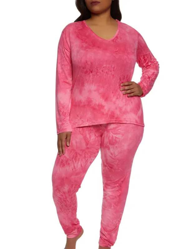 Plus Size Tie Dye V Neck Pajama Top and Pants sold by Rainbow