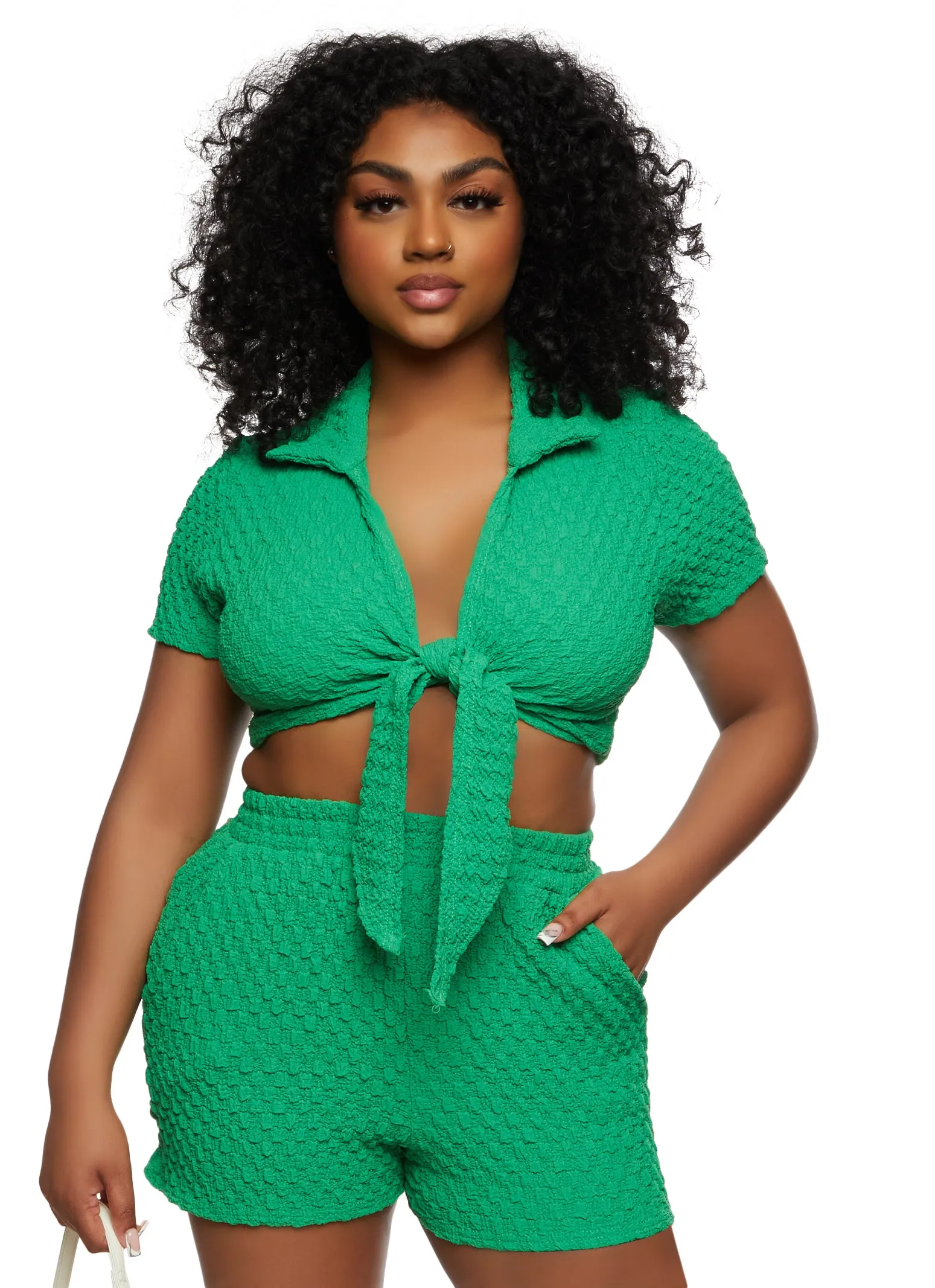 Textured Knit Tie Front Crop Top sold by Rainbow