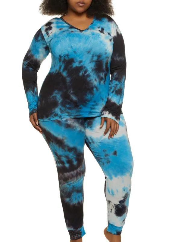 Plus Size Tie Dye V Neck Pajama Top and Pants sold by Rainbow