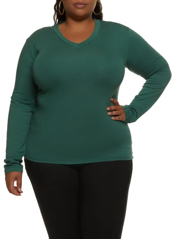 Plus Size Long Sleeve V Neck Basic Tee sold by Rainbow