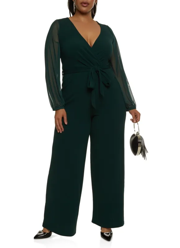 Plus Size Mesh Long Sleeve Tie Waist Belted Jumpsuit sold by Rainbow