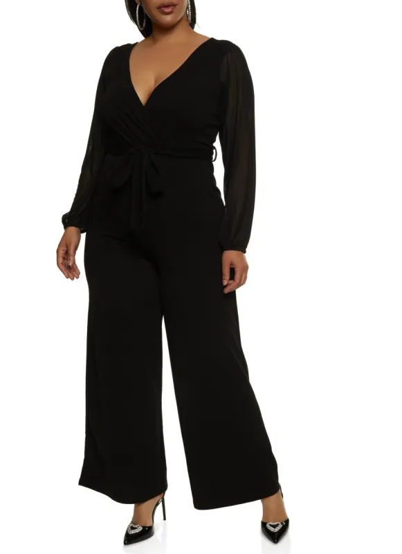 Plus Size Mesh Long Sleeve Tie Waist Belted Jumpsuit sold by Rainbow