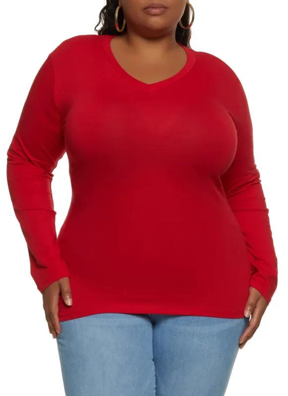 Plus Size Long Sleeve V Neck Basic Tee sold by Rainbow