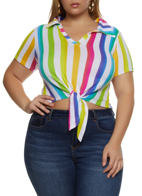Plus Size Rainbow Striped Tie Front Crop Top sold by Rainbow
