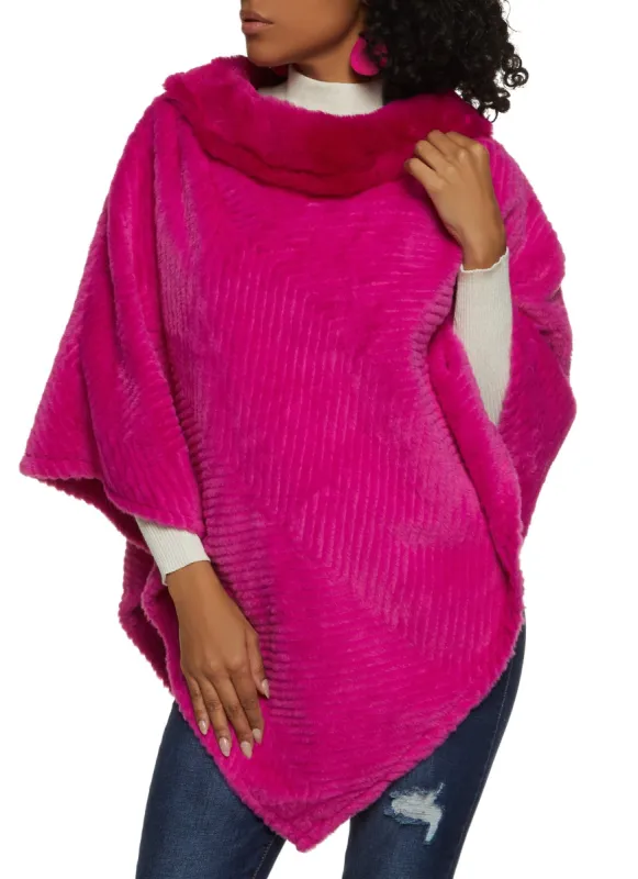 Faux Fur Striped Funnel Neck Poncho sold by Rainbow