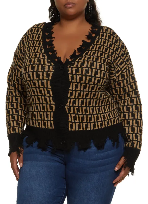 Plus Size Geometric Print Distressed Hem Cardigan sold by Rainbow