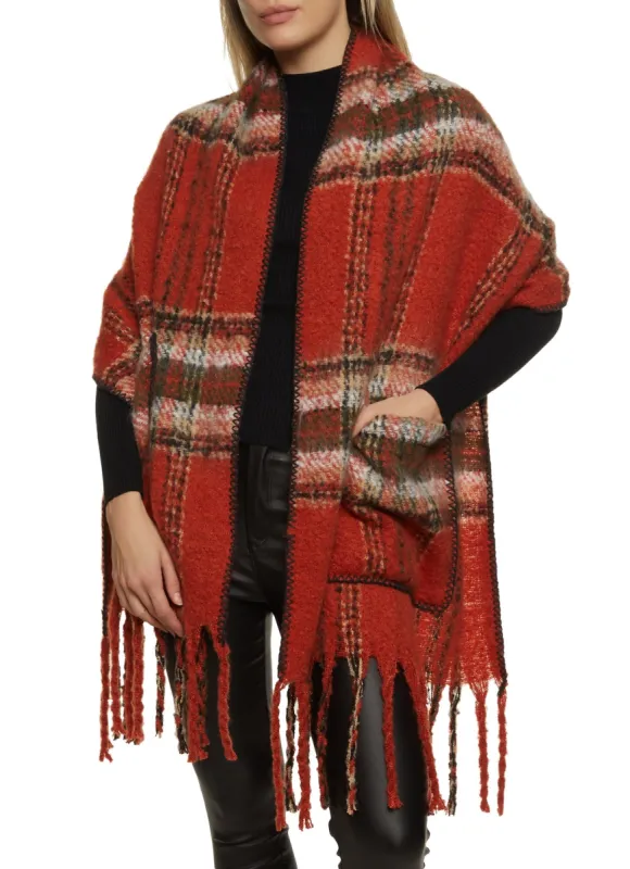 Plaid Boucle Fringe Pocket Scarf sold by Rainbow