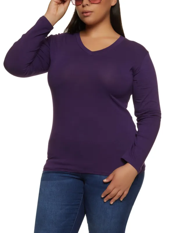 Plus Size Long Sleeve V Neck Basic Tee sold by Rainbow