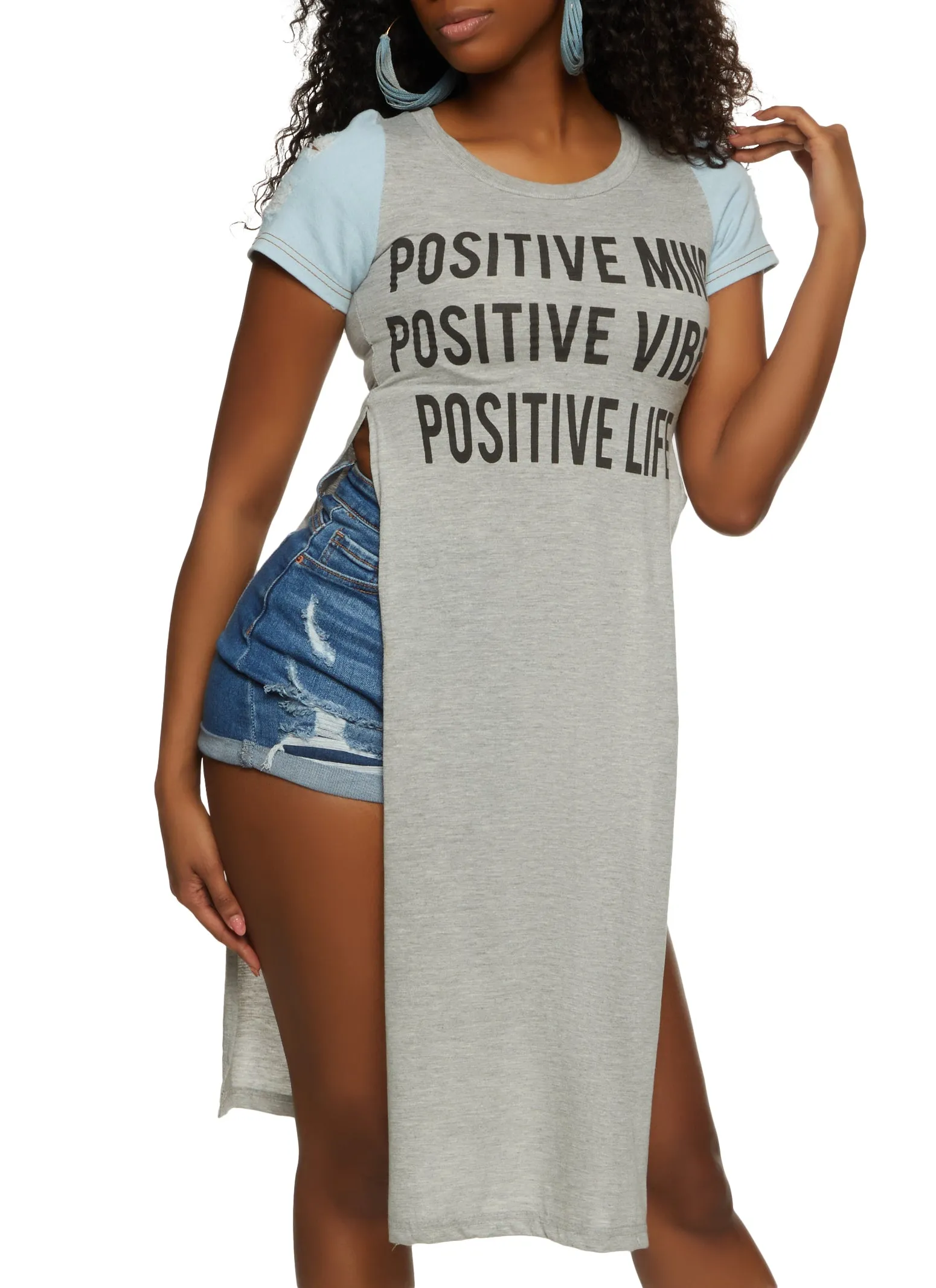 Denim Sleeve Positive Life Graphic Maxi Tee sold by Rainbow