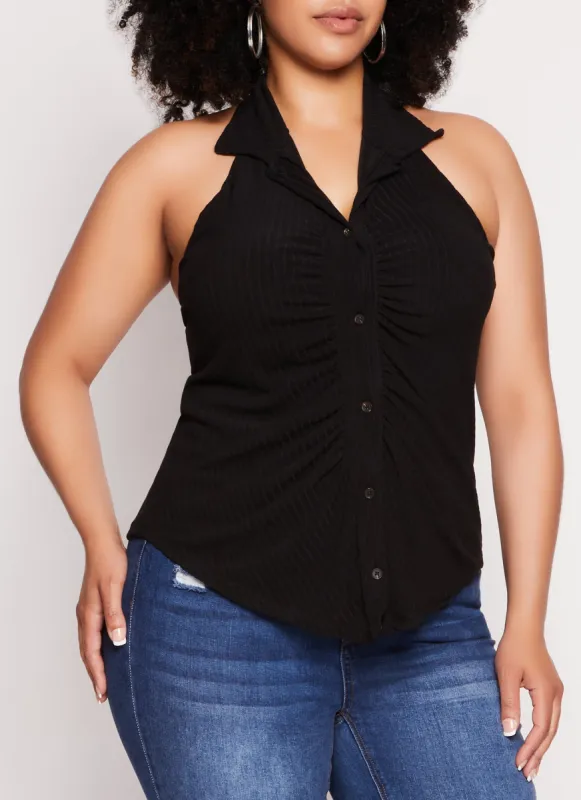 Plus Size Button Down Halter Neck Top sold by Rainbow